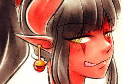 Rule 34 | 1girl, black hair, close-up, colored skin, demon girl, earrings, facial mark, female focus, from side, jewelry, long hair, looking at viewer, naughty face, original, pointy ears, red skin, simple background, solo, synth (iahfy), tagme, tongue, tongue out, white background, yellow eyes