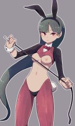 Rule 34 | 1girl, animal ears, bad id, bad pixiv id, black hairband, black panties, blunt bangs, bow, bowtie, breastless clothes, breasts, closed mouth, creatures (company), fake animal ears, fake tail, female focus, game freak, gluteal fold, green hair, grey background, gym leader, hairband, hands up, highres, holding, lamb-oic029, long hair, long sleeves, looking at viewer, medium breasts, meme attire, navel, nintendo, nipples, outline, panties, pokemon, pokemon lgpe, rabbit ears, rabbit tail, red bow, red bowtie, red eyes, red legwear, reverse bunnysuit, reverse outfit, riding crop, sabrina (pokemon), simple background, solo, standing, stomach, tail, underwear, very long hair, whip, white outline, wrist cuffs