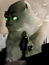 Rule 34 | 1boy, absurdres, bald, cityscape, closed mouth, colored skin, fat, from side, full body, glowing, glowing eyes, green skin, highres, long sleeves, male focus, obese, ogre, shrek, shrek (series), solo, standing, wawamachi (wawamachis), zoom layer
