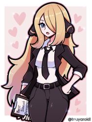 Rule 34 | 1girl, :o, black jacket, black necktie, black pants, blonde hair, blue eyes, border, breasts, collared shirt, commentary, creatures (company), cynthia (pokemon), english commentary, english text, formal, game freak, hair ornament, hair over one eye, hand on own hip, heart, heart background, highres, holding, jacket, long hair, necktie, nintendo, pant suit, pants, pink background, pokemon, pokemon dppt, shirt, suit, thigh gap, touyarokii, twitter username, white border, white shirt