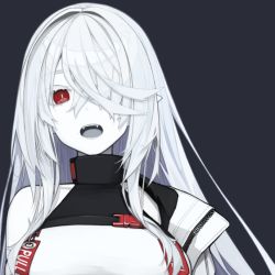 Rule 34 | 1girl, banned artist, bare shoulders, black background, commentary request, fangs, hair over one eye, long hair, mikoto (oi plus), open mouth, original, pale skin, red eyes, shirt, simple background, sleeveless, sleeveless shirt, solo, upper body, white hair, white shirt