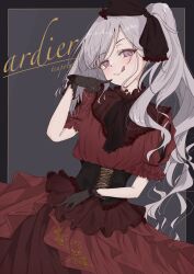 Rule 34 | 1girl, absurdres, blue archive, dress, grey hair, highres, long hair, looking at viewer, mutsuki (blue archive), red dress, smile, solo, teapotato3