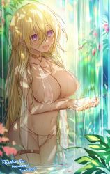Rule 34 | 1girl, blonde hair, blush, breasts, cleavage, covered erect nipples, flower, hair between eyes, highres, large breasts, long hair, navel, open mouth, original, outdoors, purple eyes, sideboob, smile, solo, syandega, thigh strap, water, wet