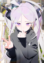 Rule 34 | 1girl, absurdres, ahoge, airpods, alternate costume, alternate hairstyle, black hoodie, black mask, black sweater, blue archive, blurry, blurry background, bm tol, casual, commentary, covering own mouth, demon girl, demon horns, depth of field, forehead, from above, hair between eyes, highres, hina (blue archive), hood, hooded sweater, hoodie, horns, light purple hair, long hair, long sleeves, looking at viewer, looking up, mask, mouth mask, multiple horns, outdoors, parted bangs, purple eyes, removing mask, sidelocks, solo, surgical mask, sweater, twintails, upper body, v, wavy hair, wireless earphones