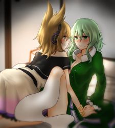 Rule 34 | 2girls, bad id, bad twitter id, bare shoulders, blush, breasts, brown eyes, brown hair, cleavage, commentary request, dress, earmuffs, ghost, green dress, green eyes, green hair, hair between eyes, long sleeves, looking at another, medium breasts, multiple girls, no headwear, no headwear, off shoulder, open clothes, open dress, pillow, pointy hair, short sleeves, smile, soga no tojiko, sweat, touhou, toyosatomimi no miko, usagiman10, yuri