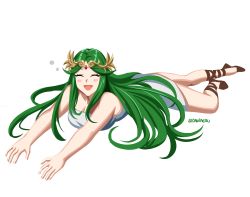 Rule 34 | 1girl, :d, absurdres, blush, closed eyes, commission, commissioner upload, daniaeru, dress, green hair, high heels, highres, kid icarus, kid icarus uprising, long hair, lying, nintendo, non-web source, on stomach, open mouth, palutena, parted bangs, sleeveless, sleeveless dress, smile, solo, strapless, strapless dress, twitter username, very long hair, white background, white dress