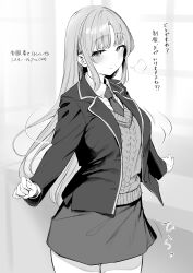 Rule 34 | 1girl, absurdres, arms at sides, blazer, blush, closed mouth, collared shirt, commentary request, cowboy shot, dress shirt, greyscale, highres, jacket, kawaraya koh, long hair, long sleeves, looking at viewer, miniskirt, monochrome, necktie, nijisanji, official alternate costume, paid reward available, pencil skirt, school uniform, shirt, sidelocks, sister claire, sister claire (8th costume), skirt, smile, straight hair, sweater vest, translation request, uniform, virtual youtuber