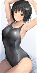 Rule 34 | 1girl, amagami, black hair, black one-piece swimsuit, blush, breasts, brown eyes, commentary, competition swimsuit, looking at viewer, medium breasts, mobu, nanasaki ai, one-piece swimsuit, parted lips, short hair, simple background, sitting, solo, swimsuit