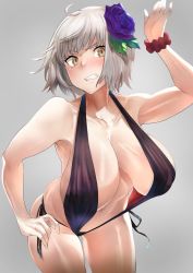 Rule 34 | 1girl, arm up, armpits, bare shoulders, blush, breasts, character request, cleavage, clenched teeth, collarbone, commentary, fate/grand order, fate (series), flower, hair flower, hair ornament, hand on own hip, hotate-chan, huge breasts, jeanne d&#039;arc alter (fate), leaning forward, looking to the side, navel, one-piece swimsuit, purple one-piece swimsuit, scrunchie, shiny skin, short hair, side-tie swimsuit, silver hair, slingshot swimsuit, standing, swimsuit, teeth, third-party edit, wrist scrunchie, yellow eyes