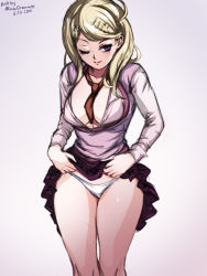 Rule 34 | 1girl, 2020, 20s, absurdres, ahoge, akamatsu kaede, artist name, between breasts, blonde hair, blush, bra, breasts, closed mouth, clothes lift, collarbone, danganronpa (series), danganronpa v3: killing harmony, ears, english text, feet out of frame, female focus, fingernails, fortissimo, gradient background, grey background, hair ornament, heart, highres, legs, lifting own clothes, long hair, long sleeves, looking at viewer, mina cream, multicolored background, musical note, musical note hair ornament, necktie, necktie between breasts, one eye closed, panties, parted bangs, parted hair, pink background, pink bra, pink lips, pink vest, purple background, purple eyes, red necktie, shiny skin, shirt, signature, simple background, skirt, skirt lift, smile, solo, standing, sweater vest, thighs together, underwear, vest, white background, white panties, white shirt, wide hips, wink