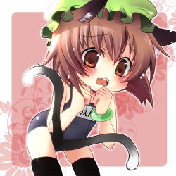 Rule 34 | 1girl, animal ears, brown hair, cat ears, cat girl, cat tail, chen, female focus, multiple tails, short hair, solo, swimsuit, tail, touhou, twintails, yukiji shia