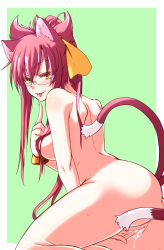 Rule 34 | 1girl, :p, animal ears, arc system works, ass, blazblue, bracelet, breasts, cat, cat ears, cat tail, censored, female masturbation, fingering, glasses, highres, jewelry, kokonoe (blazblue), masturbation, multiple tails, naughty face, nude, ooike teru, pink hair, pussy, pussy juice, solo, tail, tongue, tongue out, uncensored, yellow eyes, yellow theme