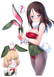 Rule 34 | 10s, ?, adapted uniform, anger vein, angry, animal ears, black hair, blue eyes, blush, breast envy, breasts, cleavage, closed mouth, commentary, empty eyes, fake animal ears, fake tail, fang, flat chest, frown, fume, fur collar, girls und panzer, green jacket, hands on own chest, highres, holding, jacket, katyusha (girls und panzer), kuzuryuu kennosuke, leaning forward, legs, leotard, long hair, looking at another, looking at viewer, medium breasts, nonna (girls und panzer), pantyhose, playboy bunny, pravda school uniform, rabbit ears, red leotard, school uniform, simple background, spoken question mark, standing, strapless, strapless leotard, sweatdrop, swept bangs, tail, white background, wrist cuffs