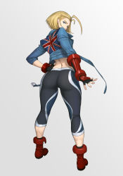Rule 34 | 1girl, ahoge, antenna hair, ass, blonde hair, boots, cammy white, capcom, cropped jacket, fingerless gloves, from behind, full body, gloves, grey background, hand on own hip, looking at viewer, looking back, ozkh, pants, red footwear, short hair, simple background, solo, standing, street fighter, street fighter 6, tight clothes, tight pants, union jack, union jack print