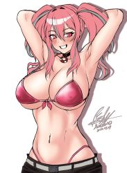 Rule 34 | 1girl, armpits, arms behind head, arms up, azur lane, bare shoulders, belt, bikini, black shorts, blush, breasts, bremerton (azur lane), cleavage, collarbone, commentary, cowboy shot, dated, drop shadow, front-tie bikini top, front-tie top, grey belt, grey hair, grin, groin, hair between eyes, hair intakes, highleg, highleg bikini, highres, large breasts, lifebuoy ornament, long hair, looking at viewer, mole, mole on breast, mole under eye, multicolored hair, navel, navel piercing, piercing, pink bikini, pink eyes, pink hair, rangrang, shadow, shorts, sidelocks, signature, simple background, smile, solo, standing, stomach, streaked hair, swimsuit, teeth, twintails, two-tone hair, underboob, white background