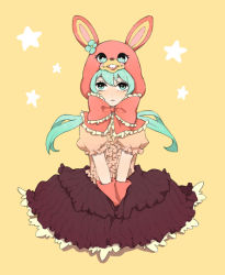 Rule 34 | 1girl, animal ears, animal hat, aqua eyes, bad id, bad pixiv id, bonnet, female focus, frills, full body, gloves, hat, hatsune miku, lol -lots of laugh- (vocaloid), long hair, lots of laugh, rabbit ears, sitting, solo, tochi@nemuritai, twintails, vocaloid