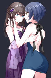 Rule 34 | 2girls, back, backless dress, backless outfit, bare shoulders, black hair, blue dress, blue eyes, blush, breasts, cleavage, dress, earrings, eye contact, face-to-face, hairband, half updo, hayami kanade, idolmaster, idolmaster cinderella girls, jewelry, long hair, looking at another, multiple girls, necklace, open mouth, parted lips, purple dress, romi (346 ura), sagisawa fumika, short dress, short hair, smile, yellow eyes, yuri