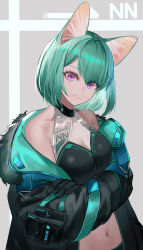 Rule 34 | 1girl, animal ear fluff, animal ears, bare shoulders, black gloves, black jacket, breasts, cat ears, cleavage, closed mouth, commentary request, crossed arms, dolce (dolsuke), gloves, green hair, hair between eyes, highres, jacket, long sleeves, looking at viewer, medium breasts, navel, off shoulder, open clothes, open jacket, original, purple eyes, see-through, smile, solo, upper body