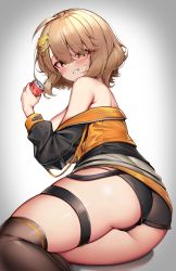 Rule 34 | 1girl, ahoge, anis (nikke), ass, bare shoulders, blush, breasts, can, goddess of victory: nikke, grin, hair between eyes, hair ornament, highres, holding, holding can, kaptivate, large breasts, light brown hair, long sleeves, looking at viewer, medium hair, micro shorts, off shoulder, over-kneehighs, shorts, smile, solo, thigh strap, thighhighs, yellow eyes
