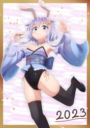 Rule 34 | 1girl, 2023, animal ears, armpits, arms up, bare shoulders, black footwear, black leotard, black thighhighs, blue eyes, breasts, crescent, crescent hair ornament, detached sleeves, eating, fake animal ears, food, gluteal fold, hair ornament, high heels, highleg, highleg leotard, highres, japanese clothes, kantai collection, kimono, leg up, legs, leotard, leotard under clothes, mochi, new year, playboy bunny, purple hair, purple kimono, purple sleeves, rabbit ears, rabbit pose, shiira kan, shoes, short hair, short kimono, small breasts, solo, standing, standing on one leg, strapless, strapless leotard, thighhighs, thighs, yayoi (kancolle)