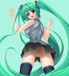 Rule 34 | 1girl, anus, artist request, ass, blush, from behind, green hair, hatsune miku, highres, long hair, looking back, no panties, open mouth, pussy, skirt, solo, thighhighs, twintails, uncensored, upskirt, very long hair, vocaloid
