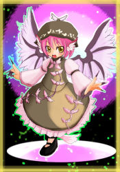 Rule 34 | 1girl, bird wings, brown dress, brown hat, dress, eimin, feathered wings, female focus, fingernails, frilled dress, frills, hat, juliet sleeves, long sleeves, mary janes, mystia lorelei, nail polish, pink hair, puffy sleeves, sharp fingernails, shoes, solo, touhou, white sleeves, winged hat, wings, yellow eyes