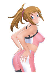 Rule 34 | 10s, 1girl, arms behind back, ass, bare shoulders, bike shorts, blue eyes, blush, breasts, brown hair, covered erect nipples, cowboy shot, from side, gundam, gundam build fighters, gundam build fighters try, hands on ass, highres, hoshino fumina, large breasts, long hair, looking at viewer, looking back, ponytail, shoumaru (gadget box), simple background, skin tight, smile, solo, sports bra, standing, two-tone sports bra, white background