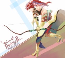 Rule 34 | 1girl, belt, boots, bow (weapon), breasts, elbow gloves, gloves, long hair, midriff, nanaly fletch, navel, red eyes, red hair, tales of (series), tales of destiny 2, thigh boots, thighhighs, twintails, weapon