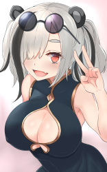 Rule 34 | 1girl, animal ears, arknights, blue dress, blush, breasts, cleavage, dress, eyewear on head, feater (arknights), grey hair, hand up, highres, large breasts, leaning forward, long hair, looking at viewer, multicolored hair, one eye covered, open mouth, red eyes, solo, white background, yu 416416