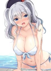 Rule 34 | 1girl, beret, bikini, black hat, blue eyes, blush, breasts, collarbone, front-tie bikini top, front-tie top, gin&#039;ichi (akacia), groin, hair between eyes, hat, kantai collection, kashima (kancolle), large breasts, long hair, looking at viewer, navel, one-hour drawing challenge, open mouth, partially submerged, silver hair, smile, solo, swimsuit, twintails, water, wet, white bikini