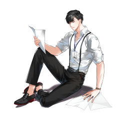Rule 34 | 1boy, arm support, belt, black belt, black footwear, black hair, black pants, blue eyes, business suit, chulsoo kim (closers), closed mouth, closers, collared shirt, dress shirt, dress shoes, formal, full body, half-closed eyes, hand up, highres, holding, holding paper, id card, knee up, lanyard, looking down, male focus, no socks, official art, on ground, pant suit, pants, paper, reading, salaryman, shadow, shirt, shirt tucked in, short hair, sitting, sleeves pushed up, solo, suit, suspenders, watch, white background, white shirt, wristwatch
