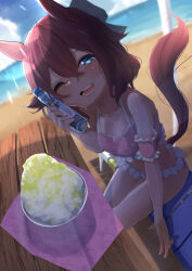 Rule 34 | 1girl, :d, absurdres, alternate costume, animal ears, beach, bench, blue eyes, blurry, blurry background, breasts, collarbone, food, gorioshi0802, hair between eyes, hair ornament, highres, horse ears, horse girl, horse tail, medium breasts, medium hair, ocean, one eye closed, open mouth, outdoors, ramune, sakura chiyono o (umamusume), sand, shaved ice, sitting, smile, solo, sweat, swimsuit, table, tail, umamusume, water