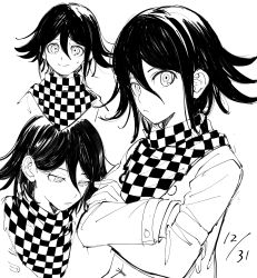 Rule 34 | 1boy, bojue (hakus 1128), checkered clothes, checkered scarf, closed mouth, cropped torso, crossed arms, danganronpa (series), danganronpa v3: killing harmony, flipped hair, greyscale, hair between eyes, highres, jacket, long sleeves, looking at viewer, male focus, medium hair, monochrome, multicolored clothes, multicolored scarf, oma kokichi, scarf, short hair, smile, sweat