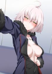Rule 34 | 1girl, ahoge, ayuayu (shouyu no sato), black dress, blue coat, blush, breasts, center opening, coat, dress, fate/grand order, fate (series), full-length zipper, fur-trimmed coat, fur trim, half-closed eyes, jeanne d&#039;arc (fate), jeanne d&#039;arc alter (fate), jeanne d&#039;arc alter (ver. shinjuku 1999) (fate), jewelry, large breasts, looking at viewer, necklace, open clothes, open coat, outstretched arm, reaching, reaching towards viewer, selfie, short hair, silver hair, smile, solo, unzipping, wicked dragon witch ver. shinjuku 1999, yellow eyes, zipper