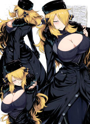 Rule 34 | 1girl, alternate breast size, alternate costume, black coat, black pants, black sweater, blonde hair, breasts, buttons, center opening, cleavage, coat, creatures (company), cynthia (pokemon), elite four, from behind, fur trim, game freak, hair ornament, hair over one eye, half-closed eye, hat, highres, huge breasts, impossible clothes, impossible sweater, long hair, long sleeves, looking at viewer, looking back, multiple views, nintendo, pants, parted lips, partially unzipped, pokemon, pokemon dppt, pouch, seductive smile, shimure (460), smile, sweater, very long hair, zipper
