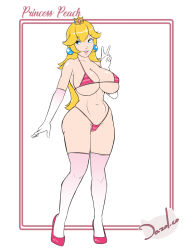 Rule 34 | 1girl, bikini, blonde hair, blue eyes, breasts, crown, dazol, elbow gloves, gloves, huge breasts, looking at viewer, mario (series), micro bikini, nintendo, princess peach, simple background, smile, solo, striped bikini, striped clothes, super smash bros., swimsuit, thighhighs, v, white thighhighs, wide hips