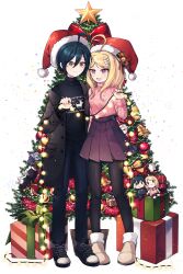 Rule 34 | 1boy, 1girl, ahoge, akamatsu kaede, alternate costume, bad id, bad twitter id, black pantyhose, black sweater, blonde hair, blue footwear, blue hair, blue pants, bow, brown footwear, casual, character doll, christmas, christmas lights, christmas ornaments, christmas star, christmas tree, closed mouth, coat, coattails, collared coat, commentary request, confetti, cross-laced footwear, dalrye v3, danganronpa (series), danganronpa v3: killing harmony, denim, eyelashes, fortissimo, full body, fur-trimmed footwear, fur-trimmed headwear, fur trim, gift, green bow, grey coat, grey sleeves, hair between eyes, hair ornament, hat, hat belt, hat bow, high-waist skirt, highres, holding, jeans, korean commentary, layered sleeves, long hair, long sleeves, miniskirt, musical note, musical note hair ornament, open clothes, open coat, open mouth, pants, pantyhose, pink sleeves, pink sweater, pleated skirt, pom pom (clothes), purple skirt, red bow, red hat, saihara shuichi, santa hat, shoes, short hair, skirt, sleeves past wrists, smile, sneakers, sweater, transparent background, turtleneck, turtleneck sweater, two-tone bow, winter clothes, winter coat, yellow eyes