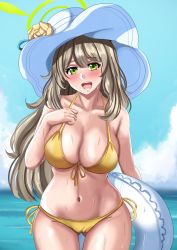 Rule 34 | 1girl, absurdres, bikini, blue archive, blue sky, breasts, cloud, collarbone, cowboy shot, day, drie, flower, front-tie bikini top, front-tie top, gluteal fold, green eyes, halo, hat, hat flower, highres, holding, holding swim ring, innertube, large breasts, light brown hair, long hair, looking at viewer, navel, nonomi (blue archive), nonomi (swimsuit) (blue archive), open mouth, outdoors, side-tie bikini bottom, sky, solo, standing, sun hat, swept bangs, swim ring, swimsuit, wet, white hat, yellow bikini