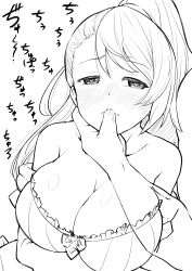 Rule 34 | 10s, 1girl, absurdres, asymmetrical bangs, bare shoulders, beatrix (granblue fantasy), blush, breasts, cleavage, eo masaka, female focus, granblue fantasy, greyscale, heart, heart-shaped pupils, highres, large breasts, lips, long hair, monochrome, nose blush, ponytail, simple background, solo, solo focus, striped, symbol-shaped pupils, thumb sucking, upper body, white background