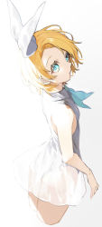 Rule 34 | 1girl, ass, bare arms, bare shoulders, blonde hair, blue eyes, blue neckerchief, closed mouth, colored eyelashes, cropped legs, dress, gradient background, grey background, hair ribbon, kagamine rin, looking at viewer, looking back, neckerchief, parted bangs, ribbon, see-through, sleeveless, sleeveless dress, sogawa, solo, vocaloid, white background, white dress, white ribbon
