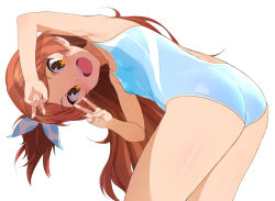 Rule 34 | 1girl, alternate costume, ass, bare arms, bare shoulders, bent over, blue one-piece swimsuit, blush, bow, breasts, double v, from behind, hair bow, idolmaster, idolmaster million live!, long hair, looking at viewer, looking back, namidate, ogami tamaki, one-piece swimsuit, one side up, open mouth, orange eyes, orange hair, simple background, small breasts, smile, solo, swimsuit, v, white background