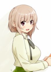 Rule 34 | 1girl, :d, amaetai hi wa soba ni ite, blush, breasts, collared shirt, commentary request, from side, green ribbon, green shirt, green skirt, hinageshi (amaetai hi wa soba ni ite), kawai makoto, large breasts, light brown hair, long sleeves, looking at viewer, looking to the side, neck ribbon, open mouth, purple eyes, ribbon, shirt, short hair, signature, skirt, smile, solo, white background, wing collar