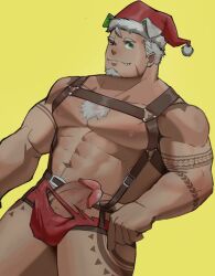 Rule 34 | &gt; o, abs, animal ears, around crotch, bara, bare pectorals, blush, body fur, chest hair, come hither, dog ears, erection, facial hair, girthy penis, goatee, gomeisa (live a hero), green eyes, grey hair, hair strand, highres, large pectorals, leather belt, live a hero, looking at viewer, male focus, mr samoye, muscular, muscular male, nipples, o-ring, o-ring top, official alternate costume, one eye closed, pants, pectorals, penis, seductive smile, short hair, sideburns, smile, solo, stomach, tattoo, thick thighs, thighs, torn clothes, torn pants, tribal tattoo, yellow background