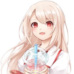 Rule 34 | 1girl, :d, blonde hair, blush, commentary request, drinking straw, fate/grand order, fate (series), hair between eyes, highres, holding, homurahara academy school uniform, illyasviel von einzbern, long hair, looking at viewer, open mouth, puffy short sleeves, puffy sleeves, red eyes, school uniform, shirt, short sleeves, simple background, slime (user jpds8754), smile, solo, white background, white shirt