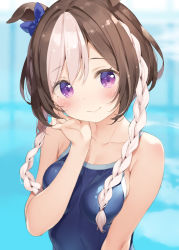 Rule 34 | 1girl, animal ears, bare arms, bare shoulders, blue bow, blue one-piece swimsuit, blurry, blurry background, blush, bow, braid, breasts, brown hair, closed mouth, collarbone, commentary request, competition school swimsuit, depth of field, ear bow, hair between eyes, hand up, highres, horse ears, kani biimu, long hair, medium breasts, multicolored hair, one-piece swimsuit, pool, purple eyes, school swimsuit, smile, solo, special week (umamusume), swimsuit, twin braids, two-tone hair, umamusume, water, white hair