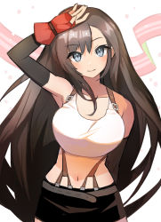 Rule 34 | 1girl, bare shoulders, black skirt, blue eyes, blush, breasts, brown hair, collarbone, commentary request, cowboy shot, elbow gloves, final fantasy, final fantasy vii, fingerless gloves, gloves, grey eyes, hand on own head, highres, large breasts, long hair, looking at viewer, midriff, navel, pencil skirt, red gloves, saitou naoki, shirt, skirt, smile, solo, suspender skirt, suspenders, tank top, taut clothes, taut shirt, tifa lockhart, very long hair, white tank top