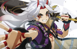 Rule 34 | 1boy, arataki itto, black nails, bracelet, close-up, club (weapon), commentary request, genshin impact, holding, holding weapon, horns, jewelry, long hair, male focus, multicolored hair, nail polish, oni, oni horns, red eyes, shimanakao (shimanaka sushi), spiked bracelet, spikes, teeth, toned, toned male, weapon, white hair, wind