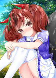 Rule 34 | 1girl, animal ears, blouse, blue shirt, blush, brown eyes, brown hair, closed mouth, commentary request, day, embarrassed, feet out of frame, frilled skirt, frills, horse ears, hugging own legs, k hiro, knees up, looking at viewer, multicolored hair, nice nature (umamusume), nose blush, out-of-frame censoring, outdoors, pleated skirt, puffy short sleeves, puffy sleeves, purple shirt, shirt, short sleeves, sitting, skirt, solo, streaked hair, thighhighs, twintails, umamusume, white skirt, white thighhighs