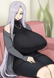 Rule 34 | breasts, huge breasts, jewelry, long hair, mature female, necklace, otogi tetsurou, silver hair, sweater, thick thighs, thighs