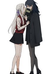 Rule 34 | 2girls, blush, byleth (female) (fire emblem), byleth (fire emblem), censored kiss, covering own mouth, edelgard von hresvelg, eye contact, fire emblem, fire emblem: three houses, hair ribbon, high heels, highres, implied kiss, jacket, jacket on shoulders, long hair, looking at another, multiple girls, necktie, nintendo, pantyhose, purple ribbon, ribbon, roru (lol dessin), school uniform, silver hair, simple background, standing, teacher and student, vest, white background, yuri